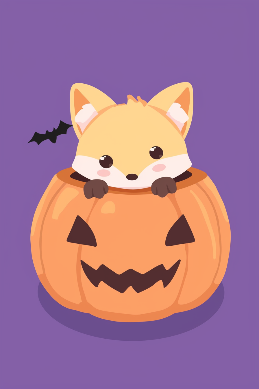 halloween cute animals drawings 2; an adorable fox peeks out from a carved pumpkin with a tiny black bat flying overhead